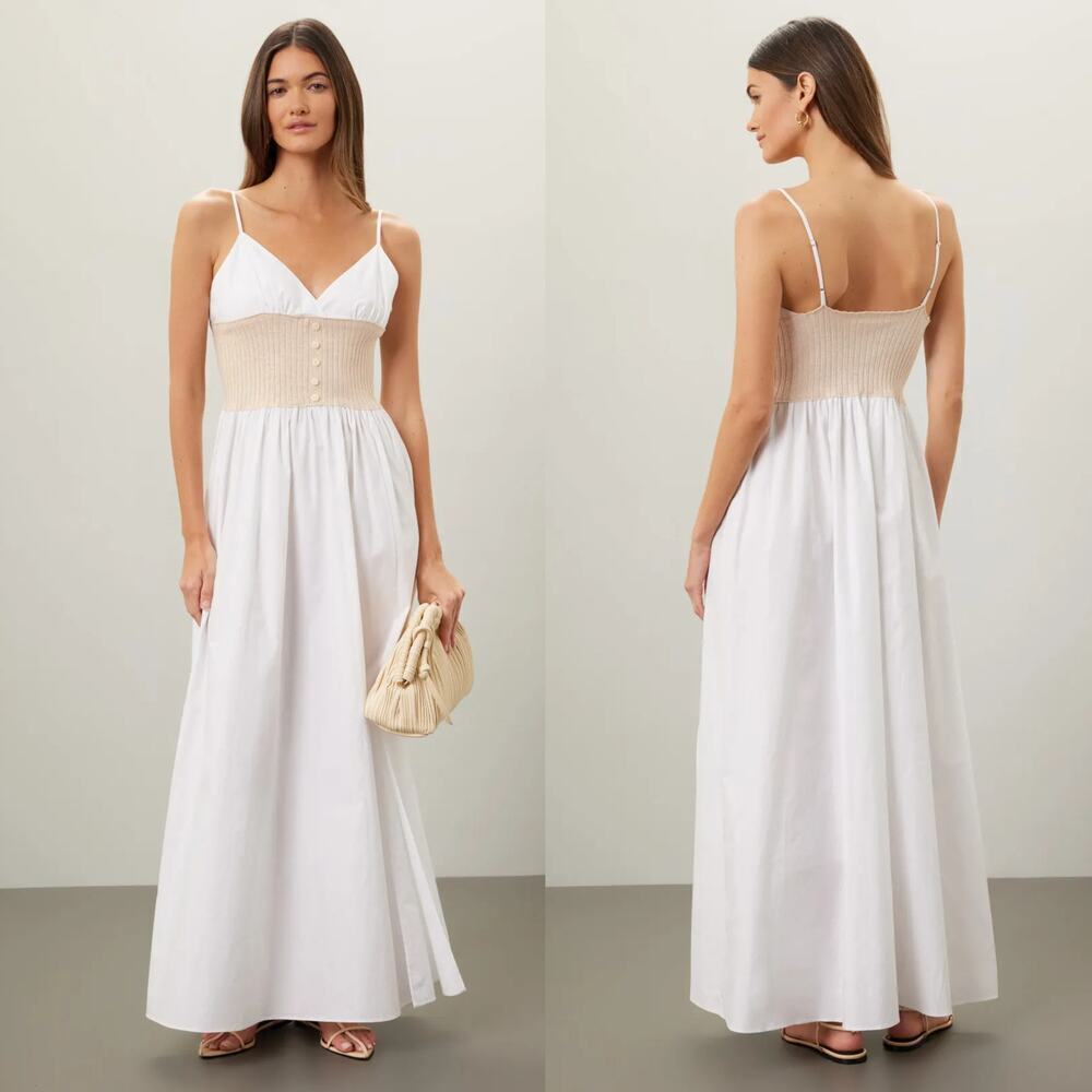 Naadam Hybrid Sun Dress Cotton Cashmere Sleeveless Maxi A-Line Beige White Small